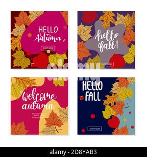 Ensemble de modèles de thèmes d'automne pour les médias sociaux, les applications mobiles, les bannières et les publicités. Modèles d'art carrés abstraits bleus avec éléments floraux. Illustration de Vecteur