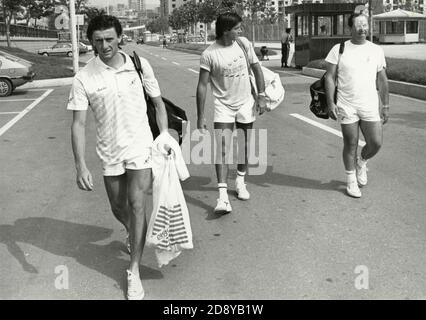 L'équipe italienne de tennis Claudio Panatta, Paolo Canè et Paolo Bertolucci au tournoi de la coupe Davis, Seul, Corée 1987 Banque D'Images