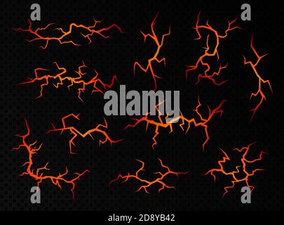 Fissures volcaniques avec magma chaud, fissures souterraines avec lave fondue isolées sur fond noir. Illustration de Vecteur