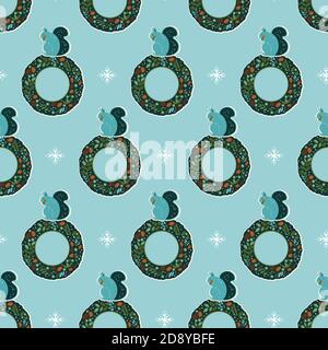 Motif vectoriel stylisé d'écureuil de noël. Motif de Noël géométrique sans couture avec écureuil et couronne stylisés sur fond bleu vif. Parfait pour le tissu, l'emballage-cadeau et la décoration de la maison. Illustration de Vecteur