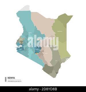 Carte détaillée de l'higt du Kenya avec subdivisions. Carte administrative du Kenya avec le nom des districts et des villes, colorée par les États et les districts administratifs. Illustration de Vecteur
