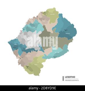 Carte détaillée de l'higt du Lesotho avec subdivisions. Carte administrative du Lesotho avec le nom des districts et des villes, coloré par les États et distri administratif Illustration de Vecteur