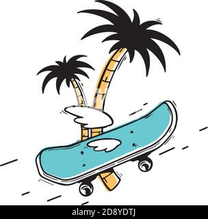 Planche à roulettes avec ailes et palmier Illustration de Vecteur