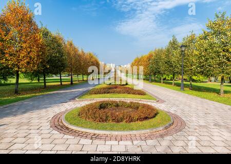 Ruelle d'automne dans un parc avec des arbres colorés. Paysage d'automne arrière-plan. Banque D'Images