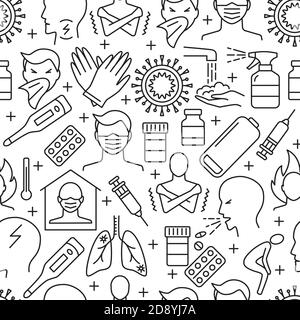 Symptômes du coronavirus et protection modèle sans couture dans le style de la ligne mince Illustration de Vecteur