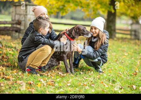 Enfants marchant un pointeur allemand à l'extérieur, en caressant le chien un jour d'automne. Banque D'Images