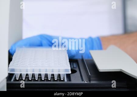 Un chercheur plaçant une plaque PCR sur le thermocycleur pour l'amplification de l'ADN. Test PCR du coronavirus. Banque D'Images