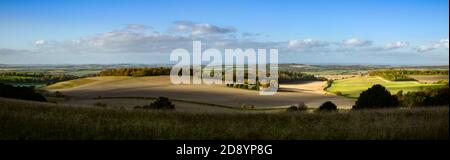 Lumière en fin d'après-midi sur une scène typique de la campagne anglaise en automne. Farley Mount, Hampshire, Angleterre. Point d'image panoramique haute résolution. Banque D'Images