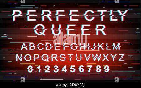 Modèle de police parfaitement queer. Alphabet vectoriel de style futuriste rétro sur fond rouge. Lettres majuscules, chiffres et symboles. Mouvement LGBTQ Illustration de Vecteur