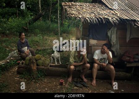 Ramli Hutagalung (centré) et son épouse ayant une conversation à leur cabane de ferme avec un membre d'une équipe de travailleurs de la conservation qui mènent une étude sur le terrain pour mesurer le potentiel de l'écosystème de Batang Toru à être proposé comme zone de protection de la nature. Sitahuis, Central Tapanuli, Nord de Sumatra, Indonésie. Banque D'Images