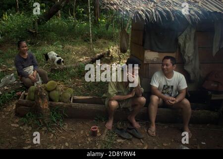 Ramli Hutagalung et son épouse ayant une conversation à leur cabane de ferme avec un membre d'une équipe de travailleurs de la conservation qui mène une étude sur le terrain pour mesurer le potentiel de l'écosystème de Batang Toru à être proposé comme zone de protection de la nature. Sitahuis, Central Tapanuli, Nord de Sumatra, Indonésie. Banque D'Images