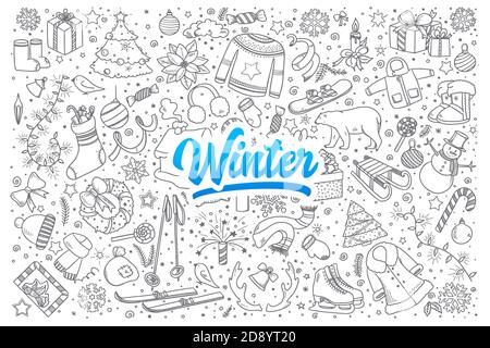 Ensemble de gribouillages d'hiver dessinés à la main avec inscription bleue vecteur Banque D'Images