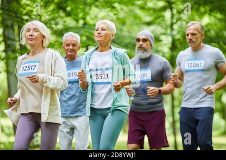 Des hommes et des femmes âgés actifs qui passent la journée d'été ensemble au marathon de course au parc, tir moyen long Banque D'Images