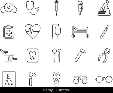 Icônes d'équipement médical jeu de lignes fines noir et blanc grand Illustration de Vecteur