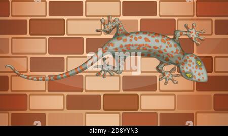 Gecko sur un mur de briques dans une illustration de style dessin animé Illustration de Vecteur