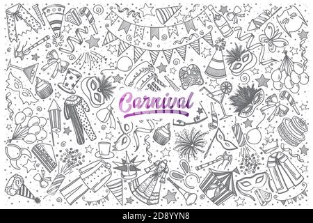 Dessin à la main Carnival Doodle Set arrière-plan avec le lettrage violet dedans vecteur Banque D'Images