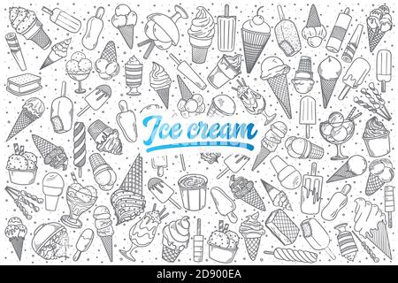 Fond de l'ensemble de caniche à glace dessinés à la main avec inscription bleue dans vecteur Banque D'Images