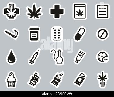 Kit d'autocollants noir et blanc icônes de marijuana médicale Big Illustration de Vecteur