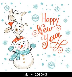 Carte de Noël Vector Joyeux avec drôle de personnage heureux célébrant isolé sur fond blanc. Lapin et bonhomme de neige. Bonne calligraphie de la nouvelle année. Pour d Illustration de Vecteur