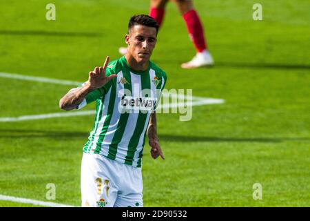 Cristian Tello de Real Betis célèbre après son but pendant Le championnat d'Espagne la Liga match de football entre Real Betis Balompie et Elche C. Banque D'Images