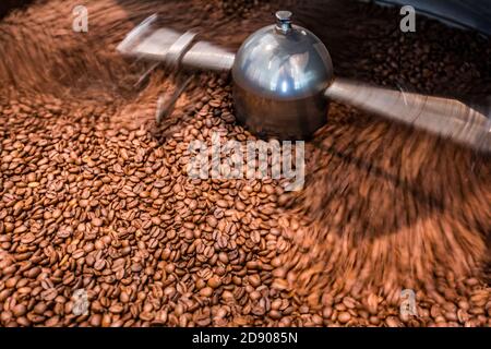 Torréfaction des grains de café. Grains de café aromatiques fraîchement torréfiés dans une machine à rôtir moderne avec un peu de flou de mouvement Banque D'Images