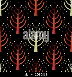 Été solstice arbres art folk fond de motif vectoriel sans couture. Motifs verts rouges modernes de la forêt scandinave sur fond noir. Tracé à la main stylisé Illustration de Vecteur