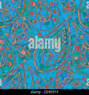 Arrière-plan à motif cachemire Batik vectoriel sans couture. Fond bleu orangé saturé de couleurs tropicales avec motifs floraux abstraits. Gribouillage moderne Illustration de Vecteur