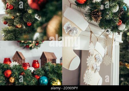 collage de boules colorées et de cônes de pin sur le sapin près bas de noël et cheminée Banque D'Images