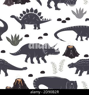 Motif vectoriel sans couture avec différents dinosaures, plantes et volcan. Paysage de dessins animés de la période jurassique avec dino. Texture pastel pour les enfants Illustration de Vecteur