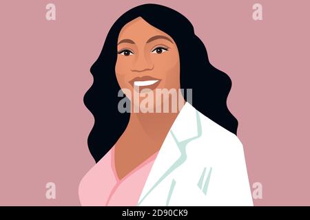 Souriante et confiante, jeune femme noire médecin. Illustration vectorielle moderne. Illustration de Vecteur