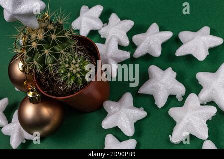 Arbre de Noël créatif, cactus avec décoration de boule d'or et étoiles brillantes, concept de fond de carte-cadeau sur fond vert, vue du dessus Banque D'Images