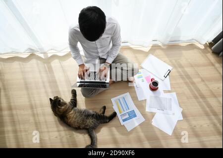 Jeune homme assis sur le sol avec son chat et travaillant sur un ordinateur portable à la maison. Banque D'Images