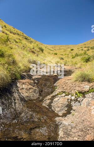 Un petit ruisseau de montagne s'écoulant sur un grès doux et abîmé, lors d'une journée ensoleillée dans les prairies de haute altitude du parc national du Golden Gate Banque D'Images