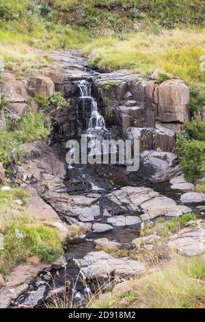 Une chute d'eau qui plonge dans une piscine naturelle de roche dans le Ribbokspruit, dans le parc national des Golden Gate Highlands, en Afrique du Sud Banque D'Images