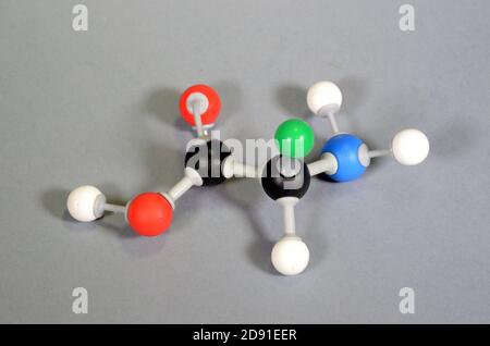 Modèle moléculaire d'acide aminé. Le noir est le carbone, le rouge est l'oxygène, le blanc est l'hydrogène, le bleu est l'azote, et le vert représente une goupe de repos qui peut avoir un chiffre Banque D'Images