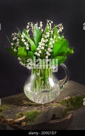 Bouquet de printemps de lys de la vallée fleurit dans un vase sur fond noir dans un style sombre, encore la vie Banque D'Images