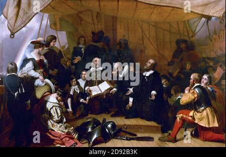Embarquement des pèlerins par Robert W. Weir, 1844. Myles Standish (c. 1584-1656) est montré au premier plan à droite avec sa femme, Rose. Banque D'Images
