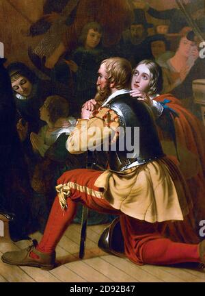 Myles Standish (c. 1584-1656) avec sa femme, Rose. Détail d'un tableau intitulé embarquement des pèlerins, par Robert W. Weir, 1844. Standish était un officier militaire anglais engagé par les pèlerins comme conseiller militaire pour la colonie de Plymouth. Il les accompagna dans le voyage de Mayflower et joua un rôle de premier plan dans l'administration et la défense de la colonie de Plymouth depuis sa création. Banque D'Images