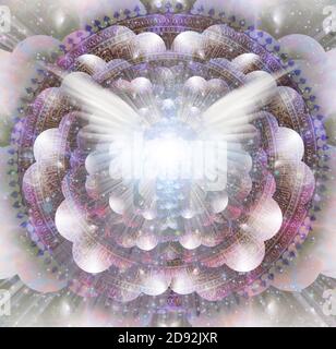 Des ailes brillantes et des hommes aura dans un centre de mandala indien. Espaces multi-couches représentant des cotes sans fin. Rendu 3D Banque D'Images