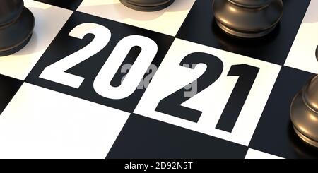 2021 échecs nouvelle année. Jeu d'échecs numéro 2021 et noir sur fond de chessboard noir et blanc, vue en grand angle. illustration 3d Banque D'Images