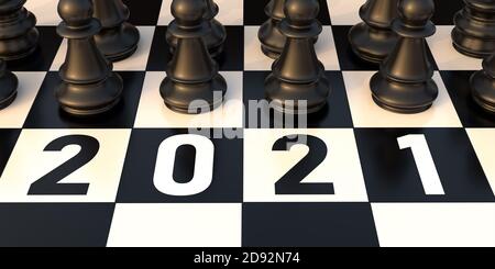 2021, nouvel an des Échecs. Jeu d'échecs numéro 2021 et noir sur fond de chessboard noir et blanc, vue en grand angle. illustration 3d Banque D'Images