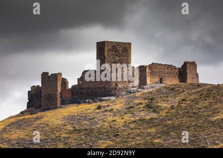 Château de Trasmoz, forteresse médiévale du XIIIe siècle, région de Tarazona, province de Saragosse, Espagne. Exposé au vent et à la nature sauvage qui l'entoure. Banque D'Images