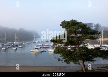 Vues brumeuses sur la mer et bateaux amarrés au large de la plage de Conleau sur le golfe du Morbihan, vannes, Bretagne, France Banque D'Images