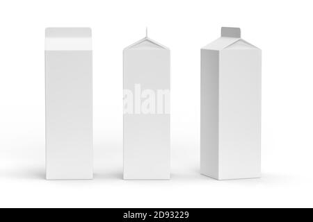 Emballages de lait ou de jus en carton propre isolé Sur fond blanc - maquette d'emballage alimentaire aseptique pour produits laitiers ou boissons - co Banque D'Images