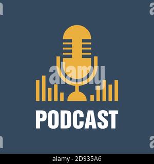 Podcast. Illustration vectorielle plate, icône, logo sur fond bleu foncé. Illustration de Vecteur