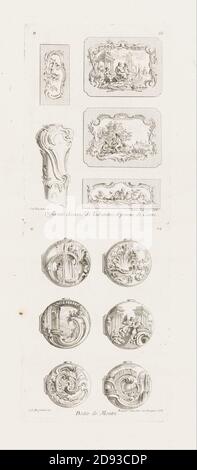 Juste-Aurèle Meissonnier - différents dessins de Tabatières, et pompe de canne, cinquième planche (différents dessins pour le tabac à priser... Banque D'Images