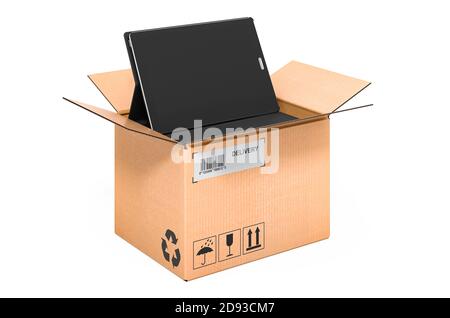 Tablette électronique dans boîte en carton, concept de livraison. Rendu 3D isolé sur fond blanc Banque D'Images