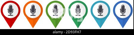 Pointeurs vectoriels de microphone, ensemble d'icônes plates colorées isolées sur fond blanc Illustration de Vecteur