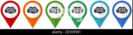 Pointeurs vectoriels en dioxyde de carbone, ensemble d'icônes plates colorées isolées sur fond blanc Illustration de Vecteur