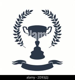 Coupe trophée. Silhouette noire de la coupe avec couronne de Laurier et ruban sur fond blanc Illustration de Vecteur